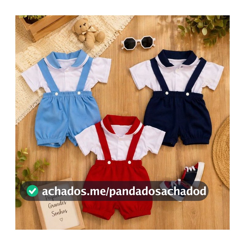 Kit 3 Jardineiras shorts com blusinha bebê recém-nascido 0-3 meses 6 peças príncipe