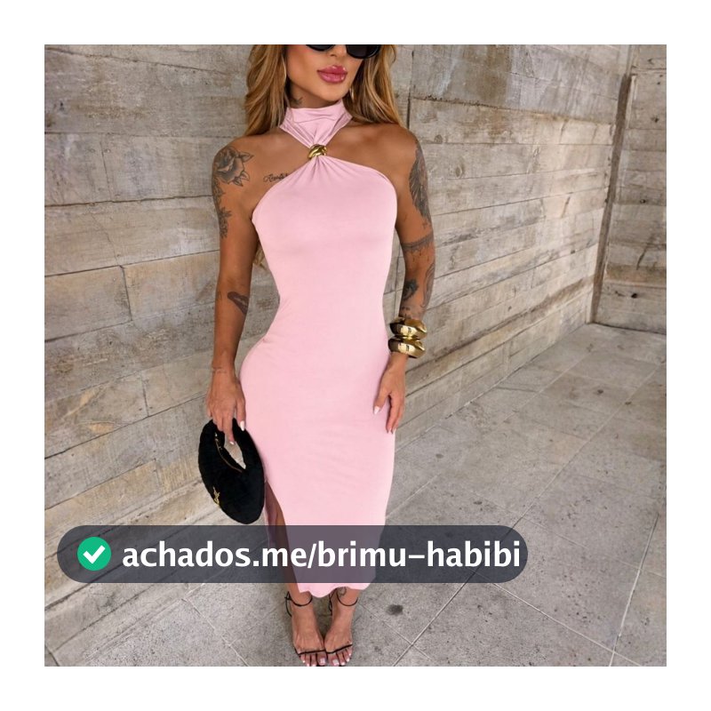 Vestido Feminino Gola Alta com Argola e Fenda Lateral Midi poliamida Casual Elegante