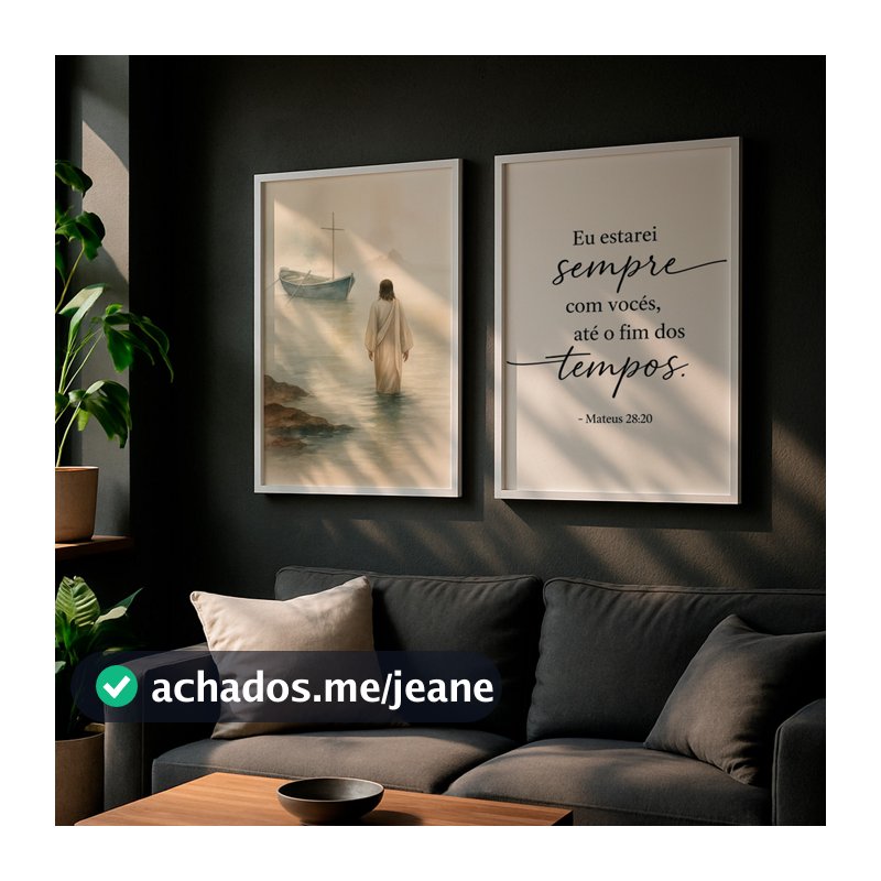 Kit 2 Quadros Jesus Barco Mateus 28:20 Cristo Fé Versículo Bíblico Cristã Esperança Moldura Casa Sala Quarto Cabeceira