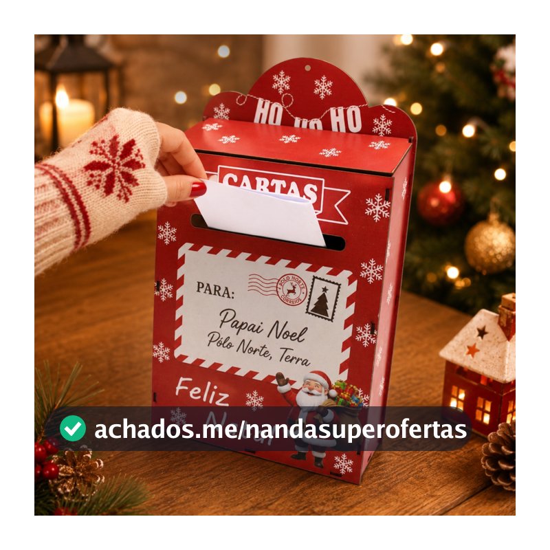 Decoração Natalina Caixa de Correio Papai Noel MDF Porta Cartas Decorativa para Mesa Lar 35x21x8 cm
