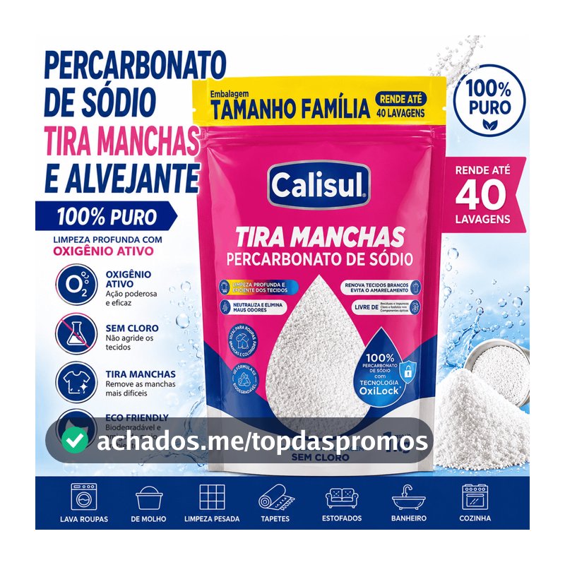 Percarbonato de Sódio 500g / 1kg /2kg 100% Puro Calisul Tira Manchas Alvejante Sem Cloro Limpeza Profunda Roupas Brancas