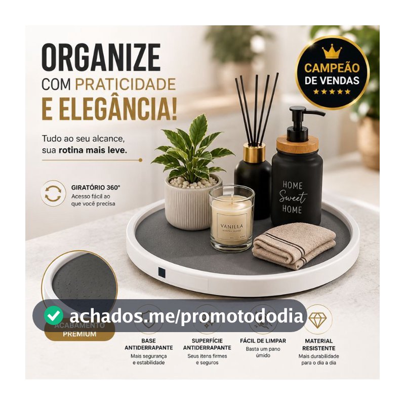 Bandeja Giratória Organizadora 360 Graus 25cm Base Silicone para Cozinha Armário Geladeira Banheiro