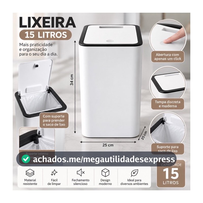 Lixeira Inteligente 15 Litros Cesto Multiuso com Tampa Click Cozinha Banheiro Escritório
