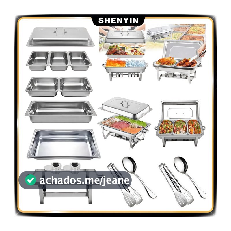 Rechaud Retangular Inox 33L  Kit Banho Maria Completo p 6 Peças (1+2+3) Buffets Grande