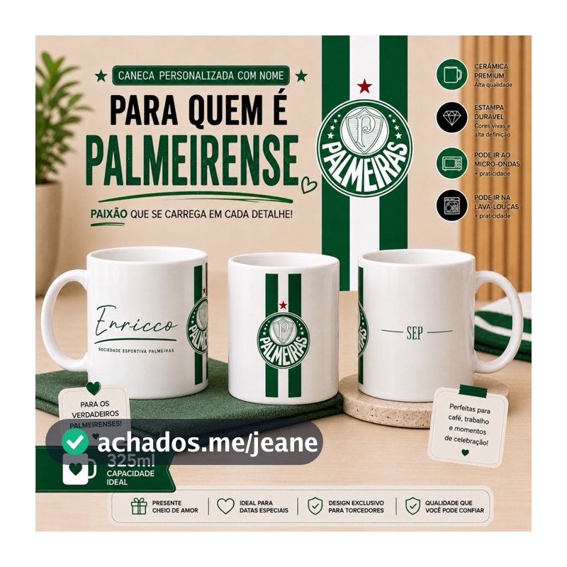 Caneca Palmeiras Personalizada 325ml | Time de Futebol | Nome Personalizado | Cerâmica Premium