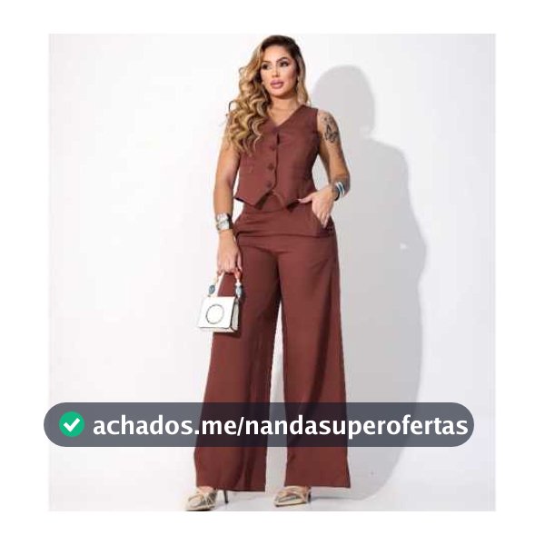 Conjunto Social Feminina Calça Pantalona Colete Botões Calça Larga Cintura Alta