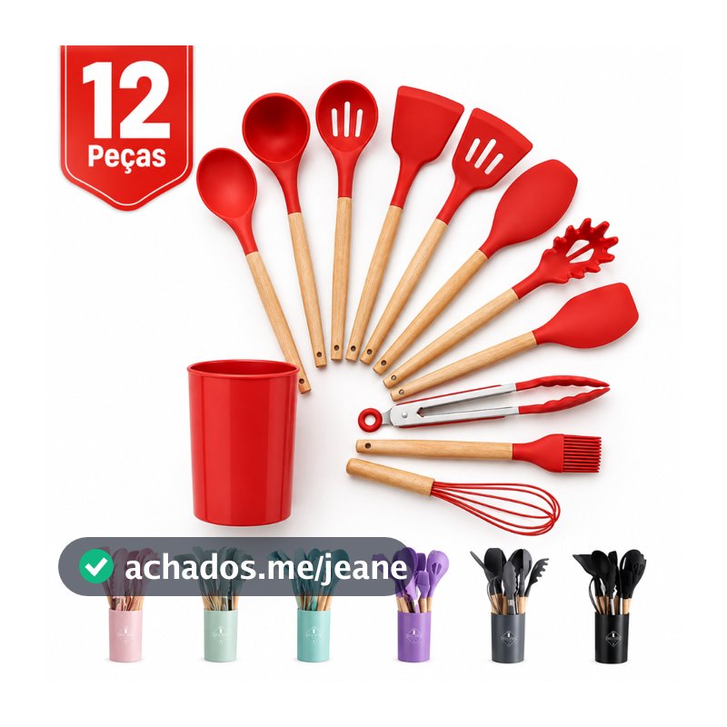 MINI Kit Utensílios de Cozinha 12 Peças Silicone Antiaderente Cabo Madeira com Suporte Completo