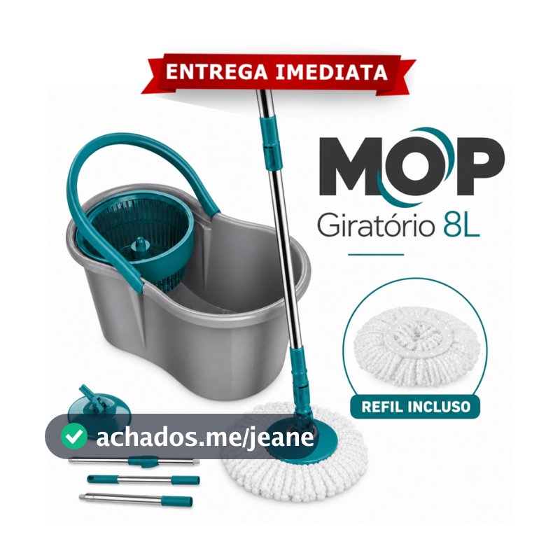 Mop Giratório 8 Litros Fit Cesto Plástico Esfregão Microfibra Cabo Inox