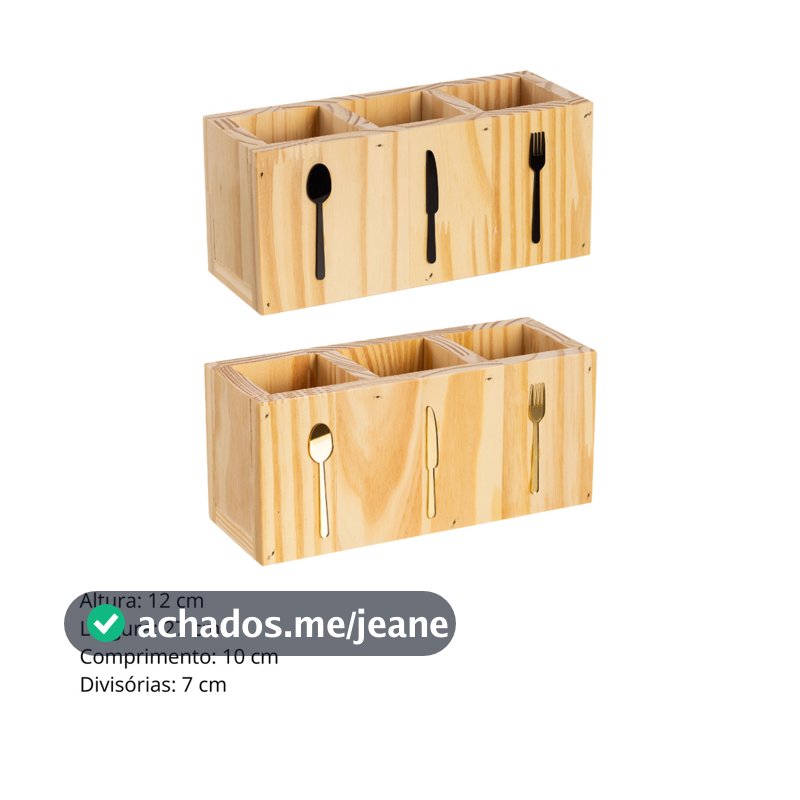 Porta Talher de Madeira e Acrílico Preto Dourado e Prata Organizador Com Divisória