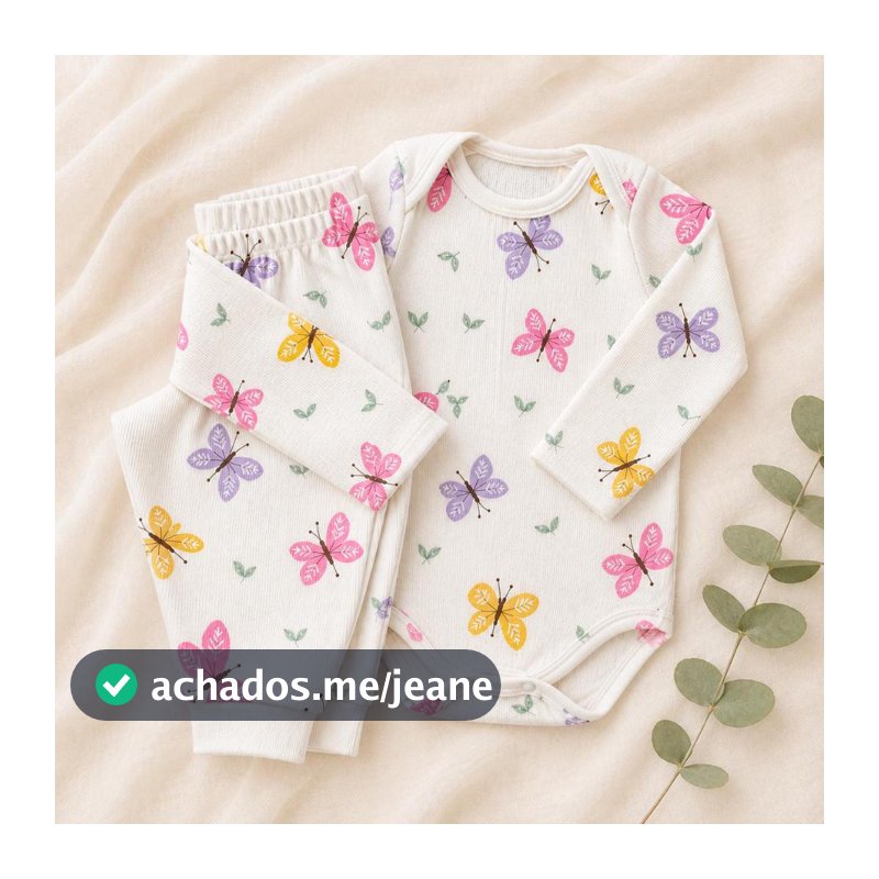 Conjunto Bebê Feminino Body Manga Longa + Calça Canelado Roupa Bebê Enxoval P ao GG Frio Calor Verão Gola Envelope