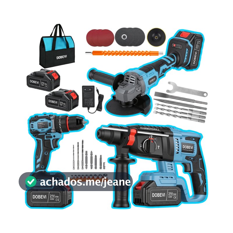 Kit 3 em 1 Ferramentas Elétricas Profissional com Bateria Dobevi – Furadeira, Esmerilhadeira e Parafusadeira de Impacto