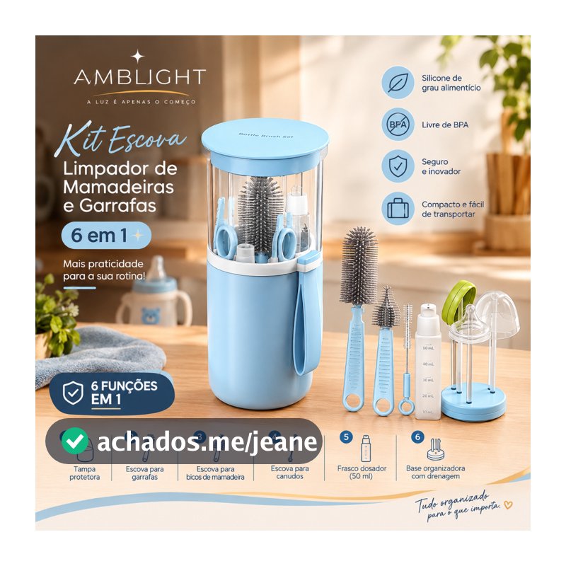 Kit Escova Limpador de Mamadeiras e Garrafas 6 em 1 com Suporte | Silicone