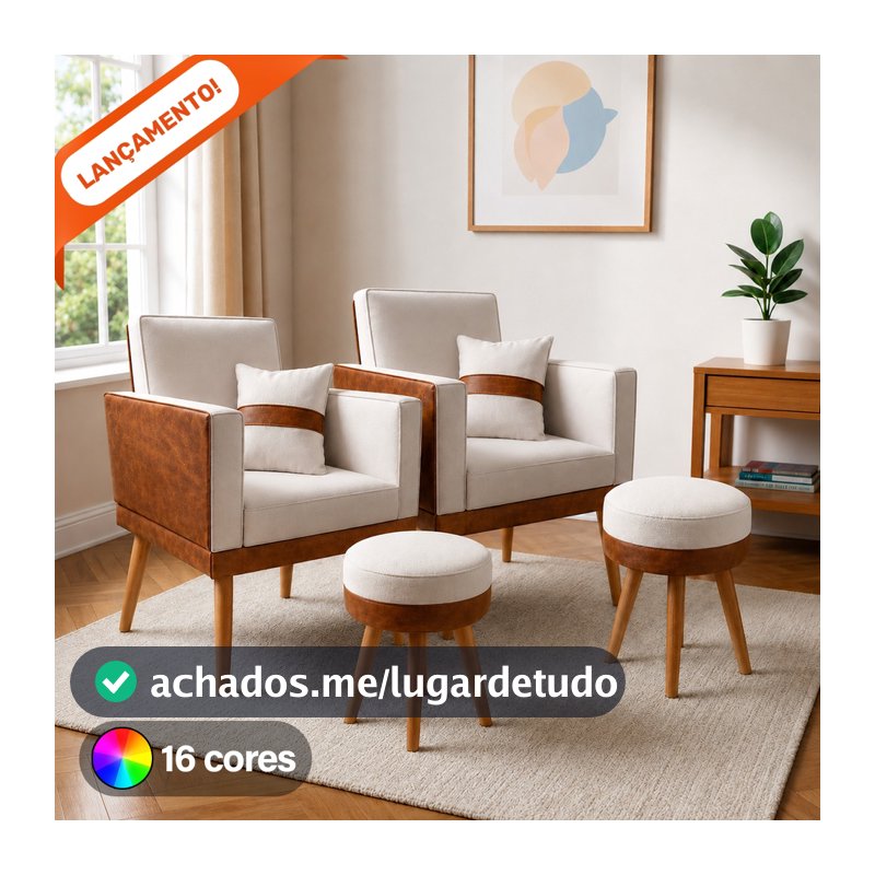 Kit 2 Poltrona Para Sala Decorativa Lis Almofada 2 Puff Redondo Corino Suede