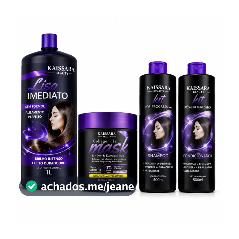 Kit Progressiva Kaissara Beauty – Liso Imediato + Máscara Collagen Hair + Shampoo e Condicionador Pós-Progressiva