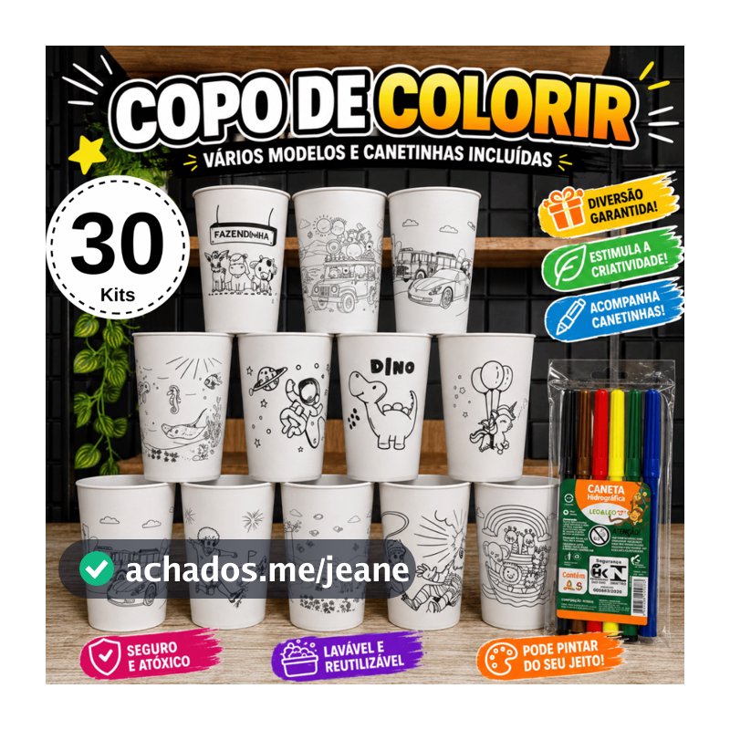 Lembrancinha de Aniversário Copo de Colorir + Canetinha 30 Kits Várias Estampas Copo Festas Crianças