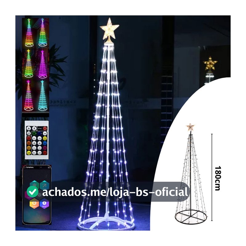 Arvore de Natal Cone com Controle Remoto e Aplicativo 180cm altura, 180 Leds RGB, 12 Fitas