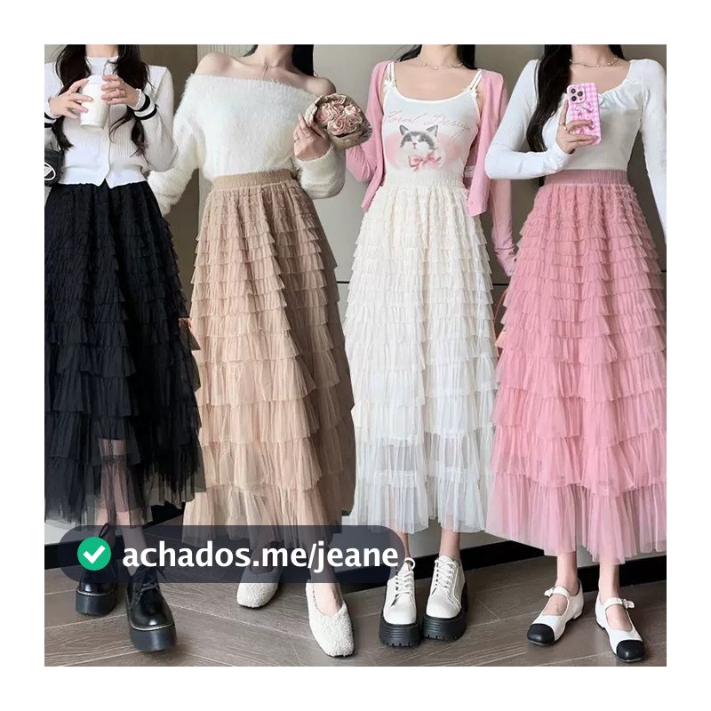Saia Midi de Tule com Camadas Cores Femininas Elastica Romântico Saia de Babado de Camadas WK-70-2
