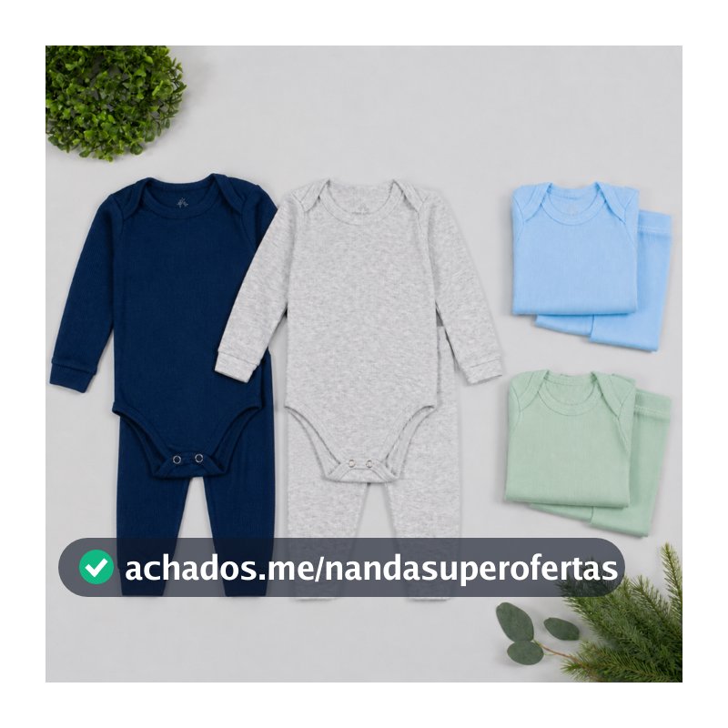 Kit 4 Peças Bebê Enxoval Menino | 2 Body Manga Longa + 2 Calça Mijão Pagão | Canelado RN ao GG