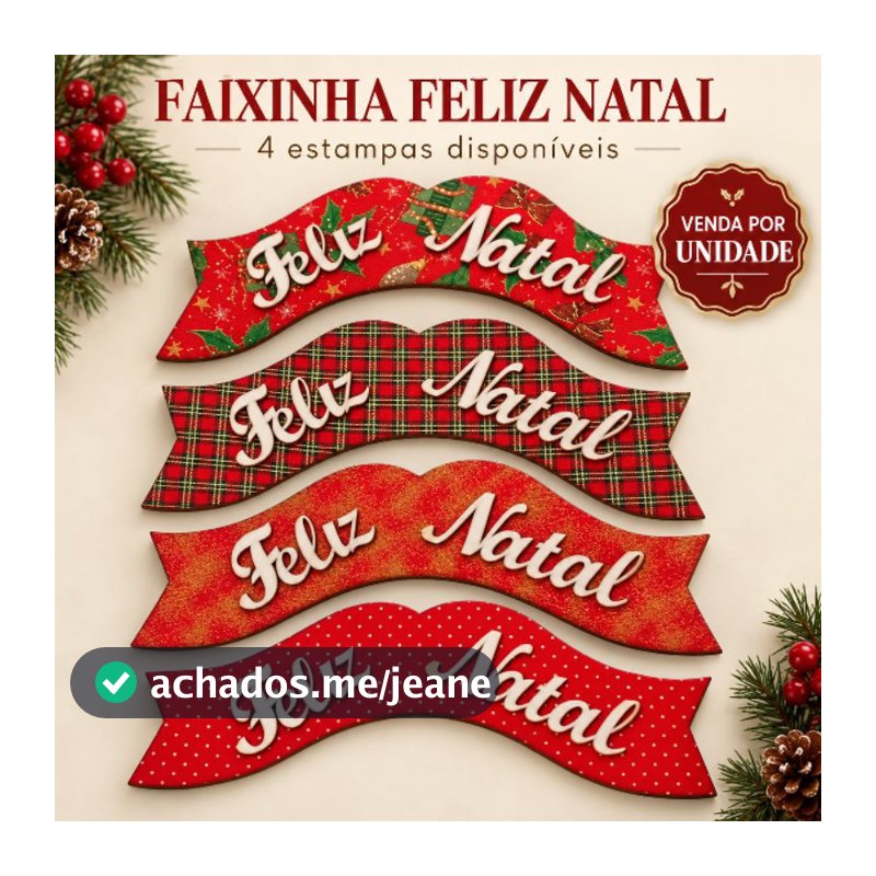 PLACA FELIZ NATAL  em MDF 3mm com Tecido Tricoline | Aplique para Guirlanda e Decoração Natalina