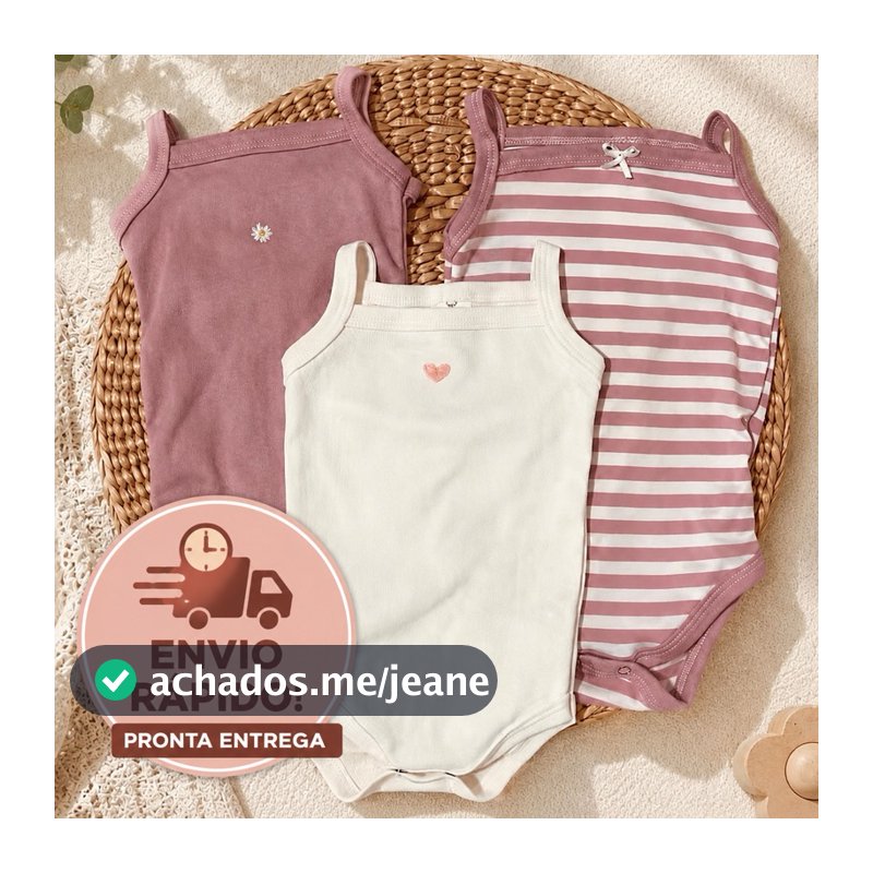 Kit 3 Body Regata Alcinha Bebê Menina 100% Algodão Rosa Enxoval Coração