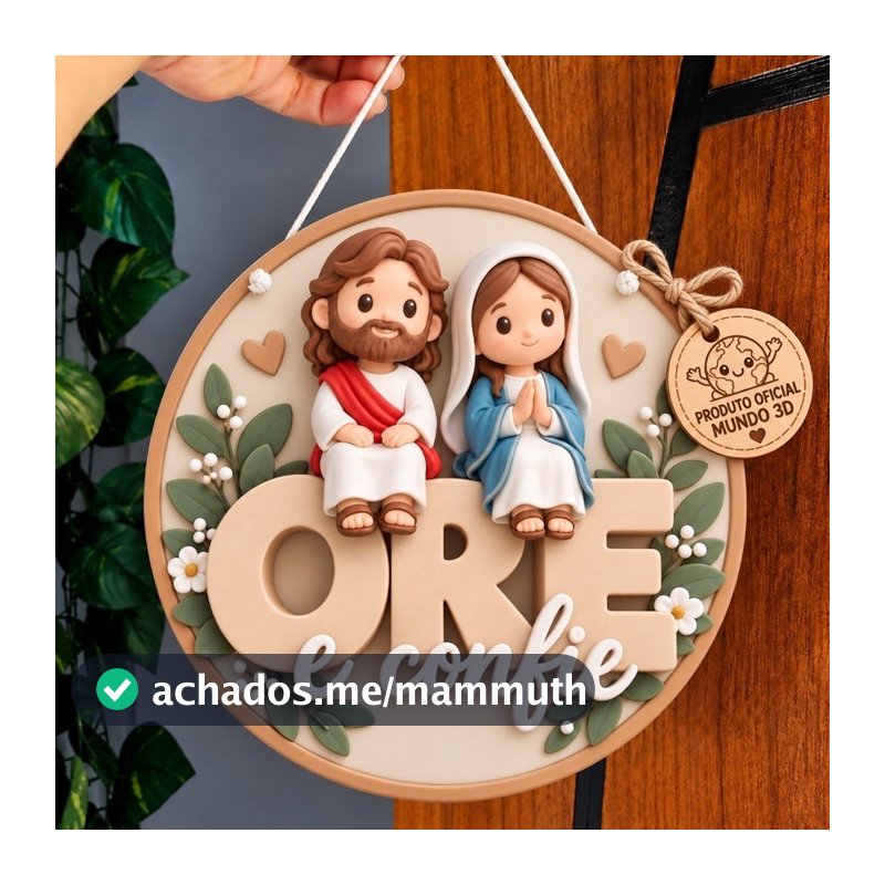 Guirlanda Plaquinha Decorativa MDF Mini Jesus Maria Efeito 3D Ore Confie Decoração Natal Enfeite Porta Natalina Pendurar