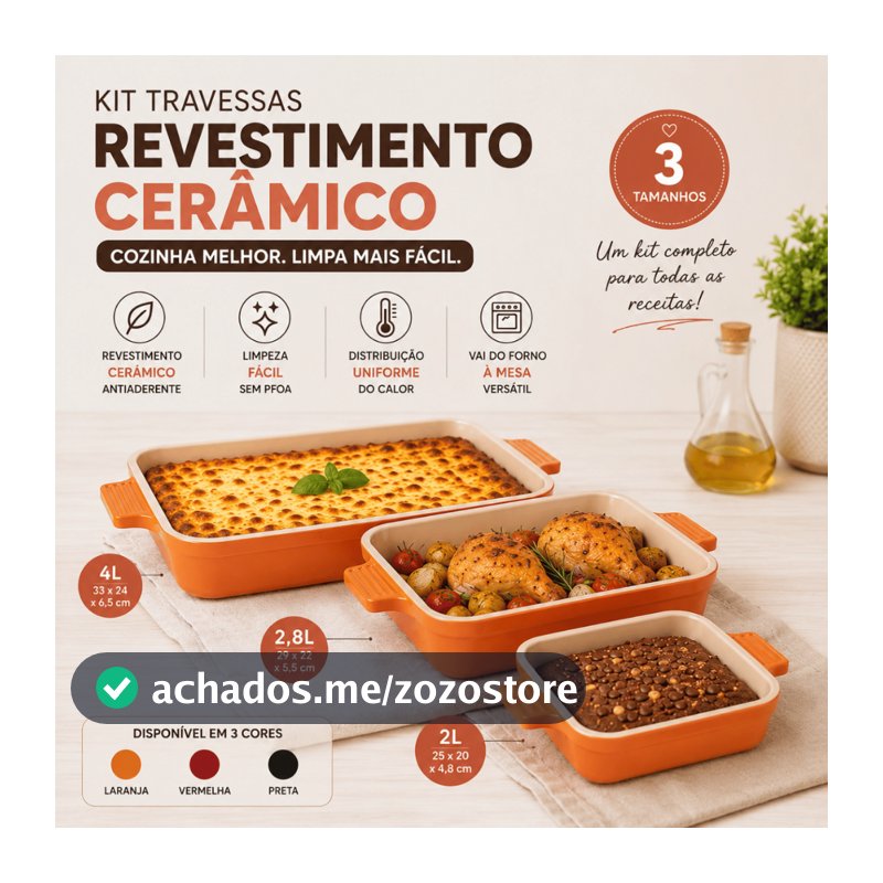 Kit 3 Formas Retangulares 2L 2,8L 4L Revestimento Cerâmico p/ Forno Travessa Lasanha Assados Oferta!