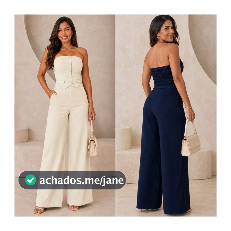 Conjunto Alfaiataria Cropped Tomara que Caia Social Elegante Calça Pantalona Blusa Elástico Lastex Botão Verão Feminino