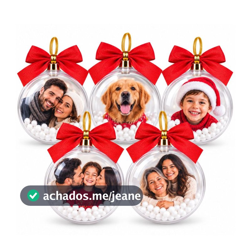 Kit 10 Bolas de Natal Personalizadas com Foto Acrílico Enfeite Árvore Natalina Presente Família Decoração