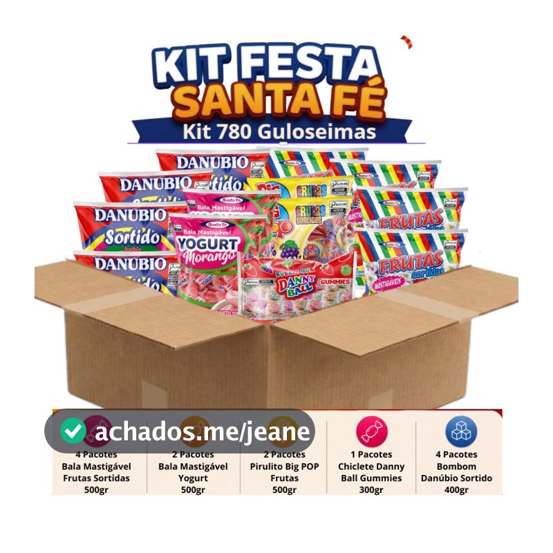 Kit Doces Santa Fé Festa 780 Guloseimas Bala Mastigável Yogurt Big Pop Bombom Danúbio Chiclete Danny Ball