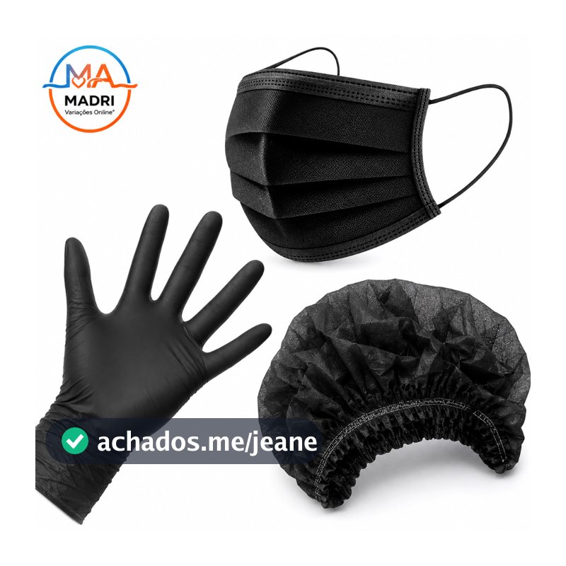 Kit 100 Toucas TNT + 100 Luvas Nitrílicas P/M/G + 50 Máscaras Descartáveis Pretas/Preto com Clipe Nasal