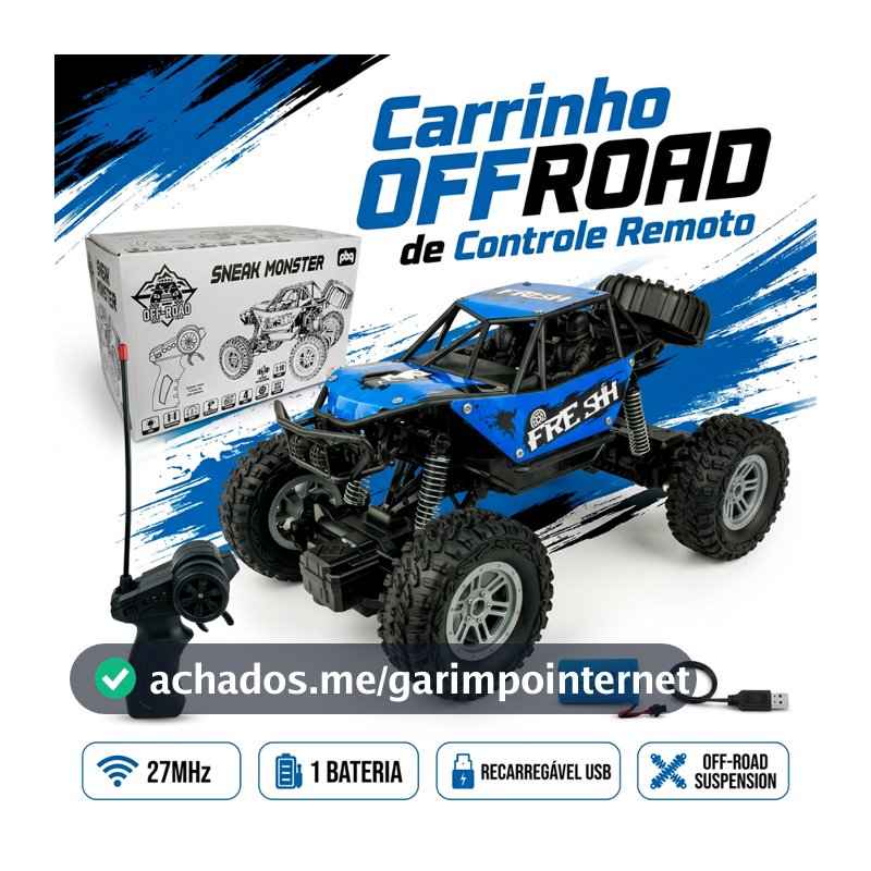 Carrinho Controle Remoto Recarregável 4x4 Off Road Recarregável USB 1:18 Brinquedo Infantil Menino