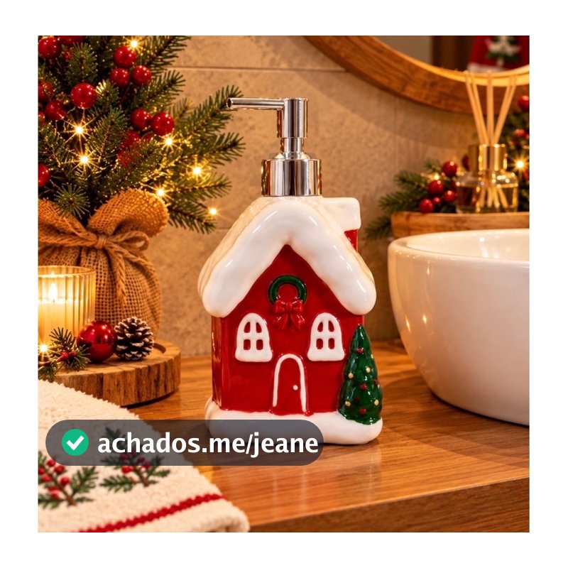 Porta-Sabonete Líquido Natalino em Porcelana – Casinha de Natal com Dispenser