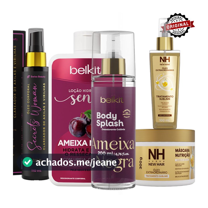 Combo 5 itens Clareador Virilha, Óleo Extraordinário, Máscara, Body Splash e Hidratante