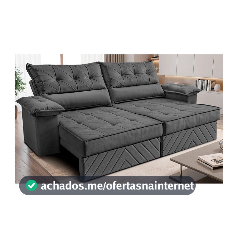 Sofá Retrátil e Reclinável 2,40m com Molas e Espuma D33 Thunder Velusoft Cinza Cama inBox