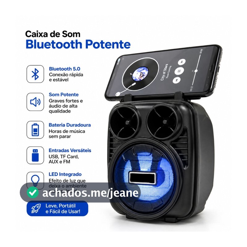 Caixa de Som Bluetooth Potente KTS, Recarregável, Rádio FM e Design Compacto Alto Falante, Led