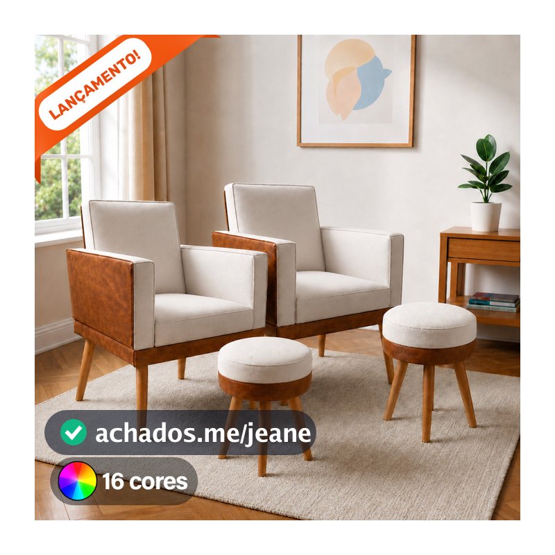 Kit 2 Poltrona Decorativo Para Sala Lis e 2 Puff Redondo Corino Peroba Suede Aninha Poltronas