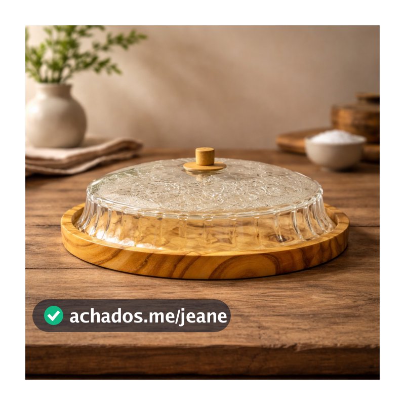 Porta Pudim Rústico Saladeira Madeira Vidro Texturizado 32cm