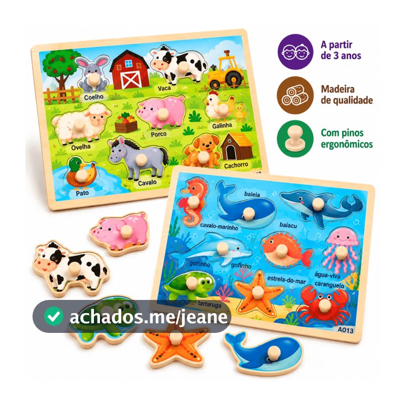 Jogos de Encaixe Madeira com Pinos Animais Fazendinha Fundo do Mar Infantil Educativo Kit 2