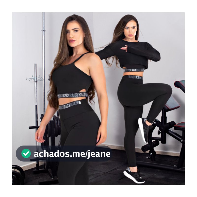 Conjunto 3 PEÇAS Fitness Legging Cintura Alta + Croped Dry Fit Manga Longa + Top Racy Preto Não Fica