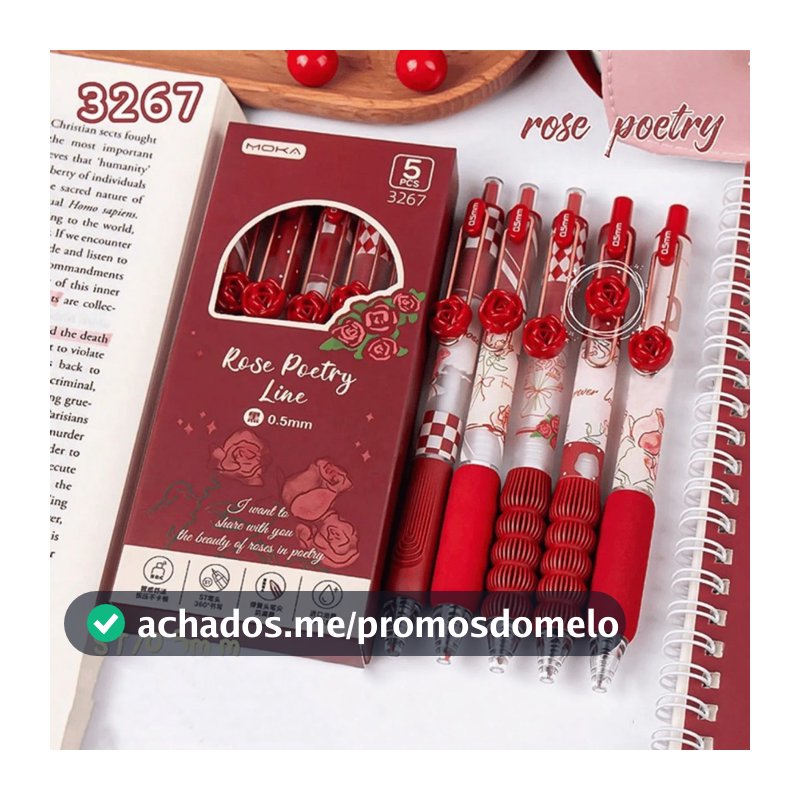 Kit 5 Canetas Premium Flor Rosa Importadas com Blister | Caneta Decorada Floral | Papelaria Fofa e Criativa | Presente D