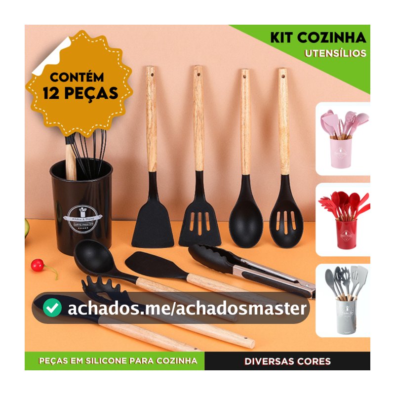 Kit Utensílios de Cozinha Com 4 5 ou 12 Peças em Silicone com Cabo de Madeira Completo  - NL