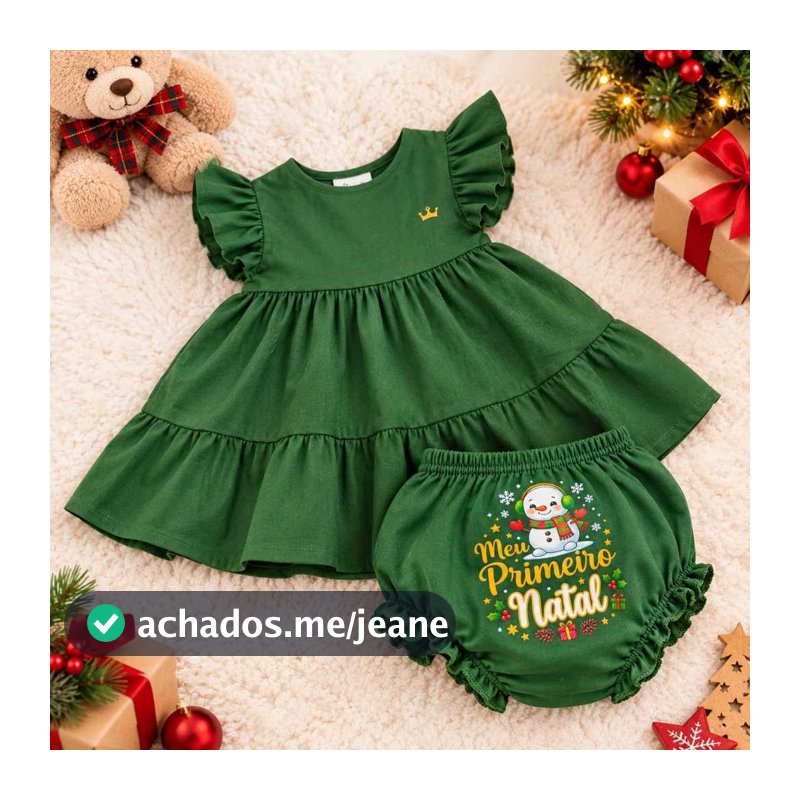 Conjunto Vestido Primeiro Natal Bebê com Tapa Fralda 100% Algodão