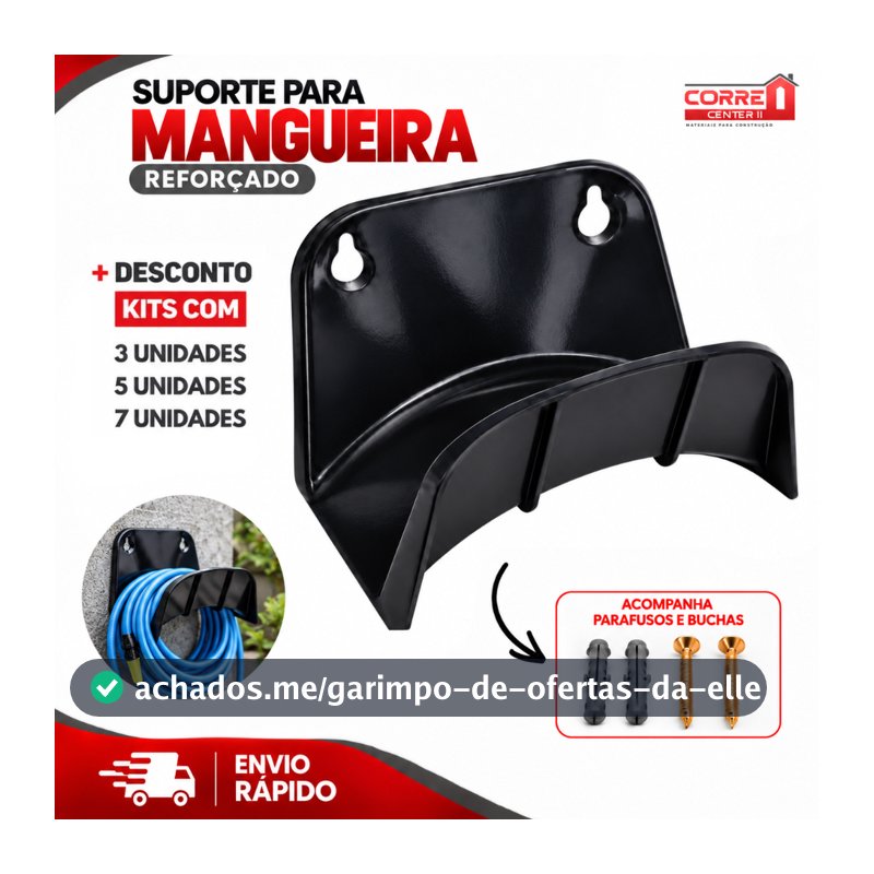 Suporte Mangueira Jardim Plastico Parede Reforçado + Parafuso e Bucha - Preto Overtime