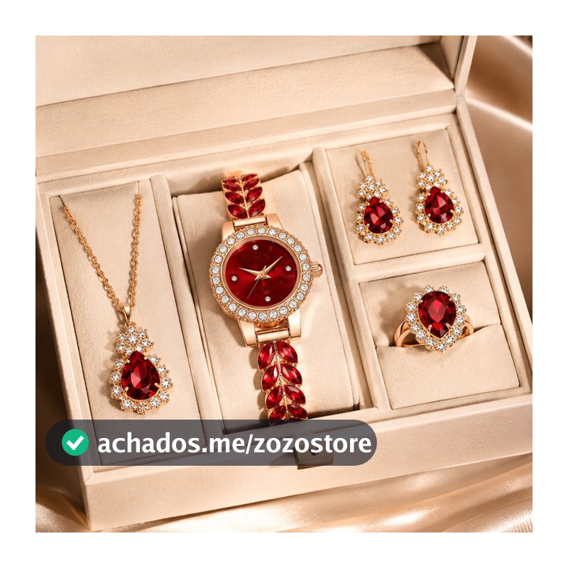 Kit Relógio Feminino Rose Gold Vermelho com Colar Brinco e Anel Conjunto Luxo Presente para Mulher