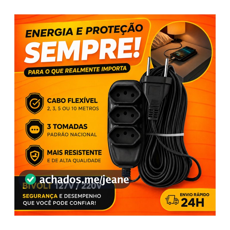 Extensão Elétrica Reforçada 3 Tomadas 10A Bivolt Cabo Flexível  110V/220V Preta 2m 3m 5m 10m