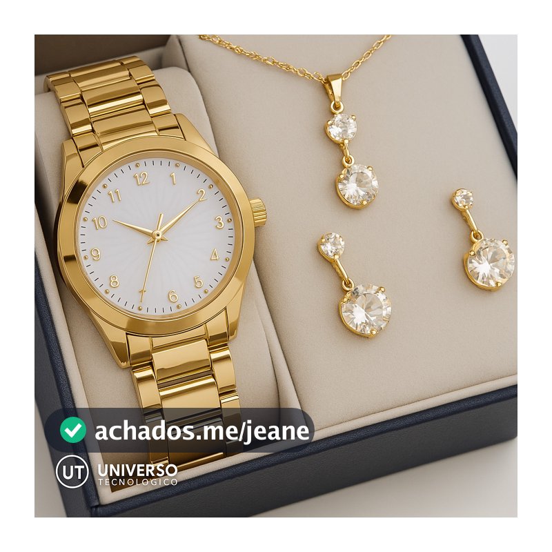 Kit Relógio Feminino Folheado Dourado Com Colar e Brinco 18k