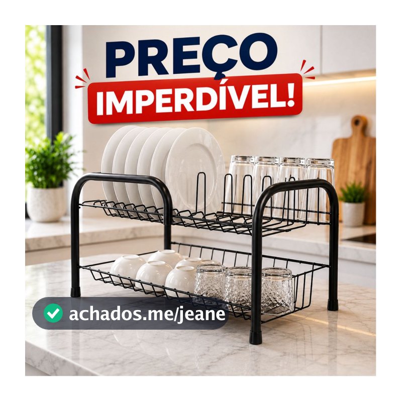 Escorredor de Louça 2 Andares Aço Inox Aramado 12 Pratos 5 Copos com Porta Talheres – Organizador de Pia Cromado Preto