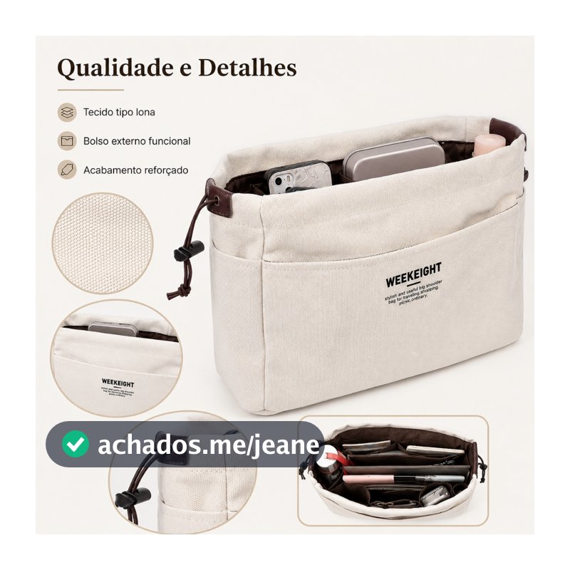 Bolsa organizadora de lona com cordão, divisórias e vários bolsos com forro