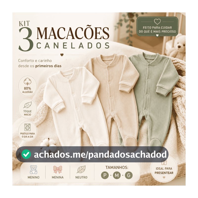 Kit 3 Macacões Bebê Suedine Canelado Manga Longa Com Pé 80% Algodão P M G
