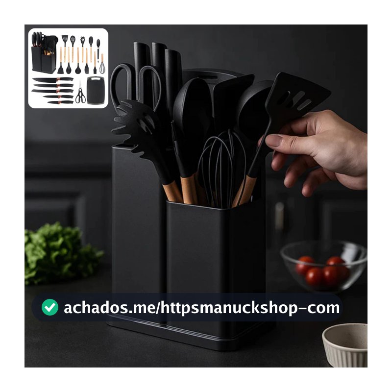 Kit 19 Peças Jogo de Utensílios Para Cozinha em Silicone Com Cabo de Madeira Completo